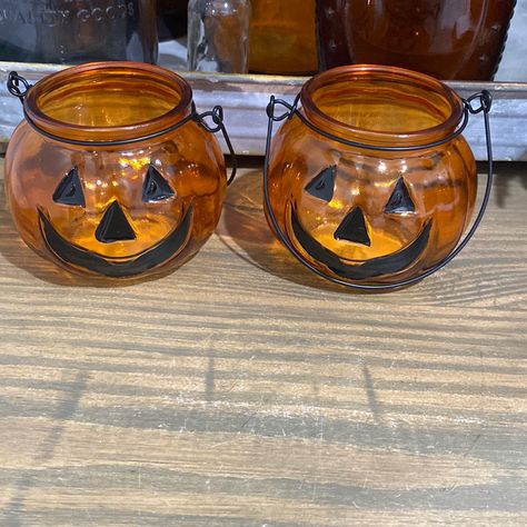 Glass Pumpkin With Handle Candle Holder Set Of 2 Notice Imperfections In Pictures Comes From A Smoke Free Home Reasonable Offers Welcome Glass, Tea Light Holder, Pumpkin, Great Pumpkin, Candles, Halloween, Trick Or Treat, Fall Y’all, Autumn, Handles, Hocus Pocus, Witches Brew, Leaves, Tiered Trays, Rustic, Vintage, Farmhouse, Htf, Seasonal, Holiday, Home Decor Pumpkin Candle Holders Tea Lights, Glass Pumpkin Jar, Metal Pumpkin Candle Holder, Candles Halloween, Pumpkin Tea Lights, Hocus Pocus Witches, Pumkin Candles, Ceramic Mixing Bowls, Green Fig