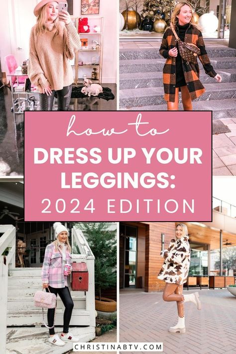 Discover the latest trends in dressing up leggings with our fashion guide for 2024. Whether it's leggings at work or cute casual ensembles, find inspiration to enhance your wardrobe. Explore the perfect boots and leggings pairings for a stylish and confident look. Leggings Outfit Spring 2024, How To Dress Up Leggings, Dressing Up Leggings, Dressy Leggings Outfit, Leggings At Work, Plaid Leggings Outfit, Shoes With Leggings, Leggings Outfit Spring, Jeggings Outfit