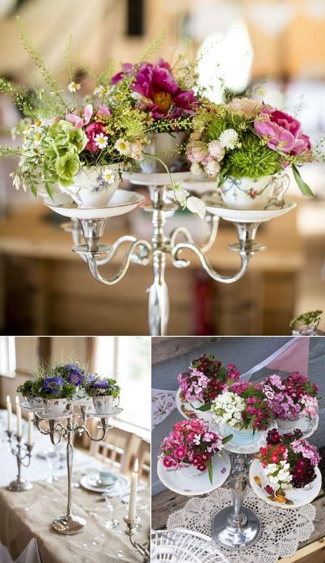 Koti Diy, Candelabra Wedding, Tafel Decor, French Style Furniture, Shabby Chic Dresser, Vintage Tea Party, Tea Pots Vintage, Mod Wedding, Deco Floral