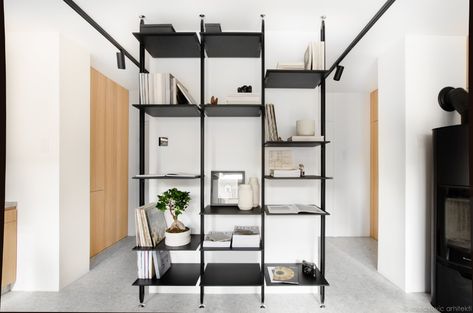 Photo 4 of 15 in Apartment M8 by Igor Marasovic - Dwell Shelves With Storage, Floating Storage Shelves, Floating Storage, Metal Floating Shelves, Shelves Metal, Black Shelves, Wall Mounted Shelves, Metal Shelves, Wall Storage