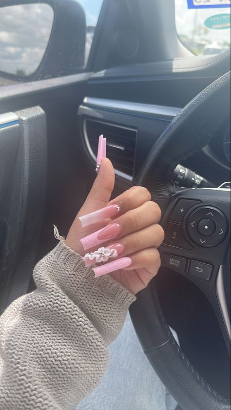 Light Pink Acrylic Nails Coffin Long With Diamonds, Soft Pink Long Acrylic Nails, Nails Acrylic Pink With Gems, Medium Tapered Square Acrylic Nails Pink, White And Pink Nail Inspo Acrylic, Long Pink Rhinestone Nails, Long Acrylic Nails Light Pink, Acrylic Nail Square Long, Cute Pink Long Nails