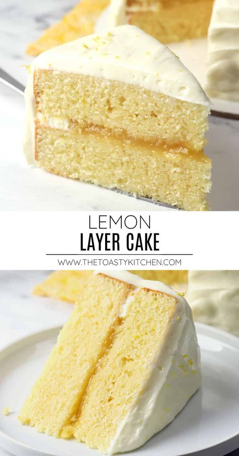 Lemon layer cake is a dreamy two-layer cake filled with tart lemon curd that's topped with cream cheese buttercream frosting. It's moist, buttery, and filled with fresh lemon flavor! Naked Lemon Cake, Lemon Layer Cake Recipe, Delicious Lemon Desserts, Tart Lemon Curd, Fluffy Buttercream Frosting, Fluffy Buttercream, Lemon Layer Cake, Vanilla Sheet Cakes, Layer Cake Filling