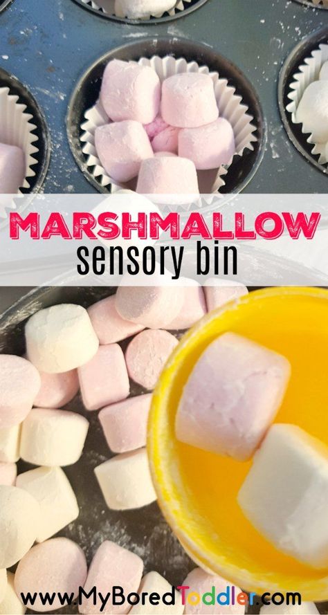 marshmallow sensory bin for toddlers and preschoolers. A simple activity for toddlers, 1  year olds, 2 year olds, 3 year olds. #sensorybins #sensorybin #sensoryplay #toddlers #toddlerplay Marshmallow Activities, Sensory Bin For Toddlers, Fun For Toddlers, Toddler Sensory Bins, Sensory Dough, Sensory Bags, Activity For Toddlers, Sensory Activities Toddlers, Fun Activities For Toddlers