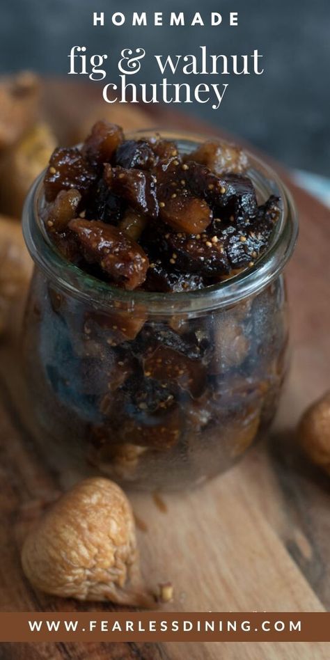 This easy homemade fig and walnut chutney is perfect for topping French toast, biscuits, meats, and yogurt. It is easy to make with California Valley Fig Growers dried figs. Full of nutrients, this sweet chutney is quick and easy to make. www.fearlessdining.com #figs Fig Chutney Recipe, Easy Gluten Free Breakfast, Easy Stuffed French Toast, Fig Chutney, Dried Fig Recipes, Healty Dinner, Relish Recipes, Fig Recipes, Yogurt Cake