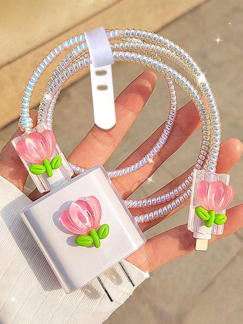 5pcs Tulip Decor Clear Data Cable Protector & Charging Head Cover Set Compatible With iPhoneI discovered amazing products on SHEIN.com, come check them out! Charger Protector, Tulip Decor, Cable Protector, Cable Storage, Iphone Charger, Pink Collar, Pink Collars, Head Covering, Data Cable