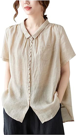 Mywinway Womens Linen Button Down Shirts Summer Short Sleeve Blouse Casual Linen Tunic Tops at Amazon Women’s Clothing store Linen Tunic Tops, Shirts Summer, Blouse Casual, Linen Tunic, Mens Casual Dress, Simple Shirts, Linen Blouse, Linen Women, Shirt Collar