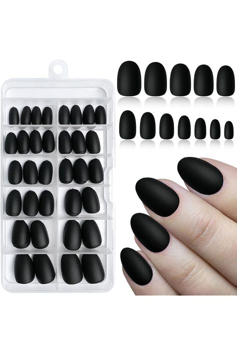 120pc Matte Black Almond Press on Nails Short Oval Fake Nails Press ons with Glue&amp;Sticky Tab, 12 Sizes Acrylic Nails Press on Nails Almond Black Nails Glue on Nail Tips Artificial Fingernail Almond Black Nails, Nails Almond Black, Healthy Fingernails, Nails Almond Short, Black Fake Nails, Glue On Nails Short, Oval Fake Nails, Nails Short Oval, Black Press On Nails