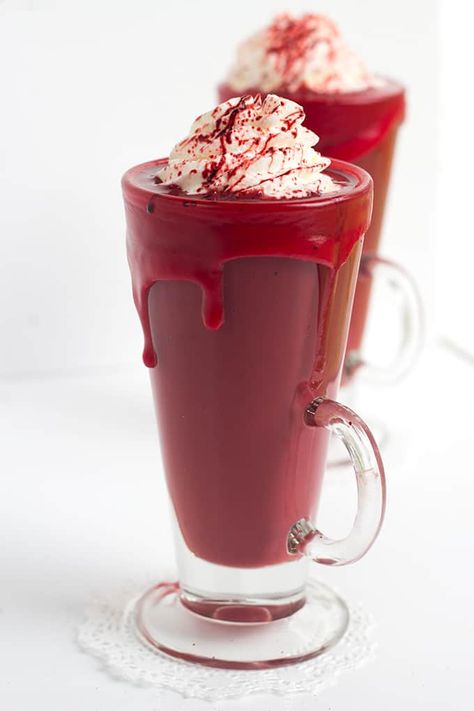 Red Hot Chocolate, Horror Drinks, Red Velvet Shake, Red Velvet Milkshake, Christmas Coffee Drinks, Red Velvet Latte, Red Velvet Hot Chocolate, Halloween Drink, Red Velvet Cake Mix