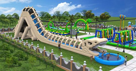 Giant Dinosaur Skeleton Inflatable Water Slide with Splash Pool new design for kids and adults, amazing water game to celebrate the upcoming summer! #dinosaur #skeleton #waterslide #inflatables Water Slide, Cool Water Slides, Kids Garden Toys, Water Slides Backyard, Water Park Ideas, Giant Water Slide, Water Slide Bounce House, Backyard Water Parks, Cool Pool Floats