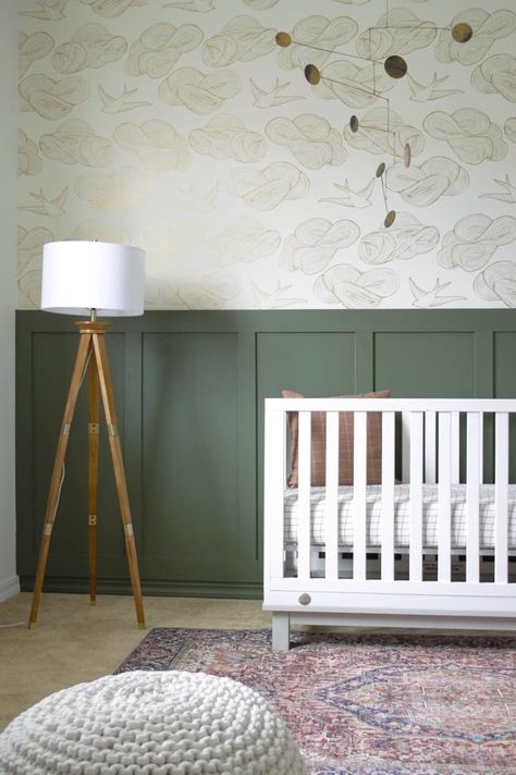 Vintage Boy Nursery, Vintage Nursery Boy, Modern Vintage Bathroom, Nursery Accent Wall, Board And Batten Wall, Nursery Room Design, Vintage Boy, Green Nursery, Green Paint Colors