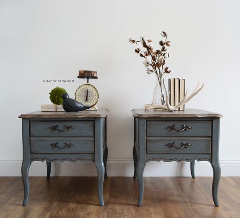 Living Room Furniture Makeover, French Provincial Nightstand Makeover, Farmhouse Bedroom Paint Colors, French Provincial End Tables, French Provincial Nightstands, End Table Makeover, Blue Painted Furniture, Weathered Wood Finish, Nightstand Makeover