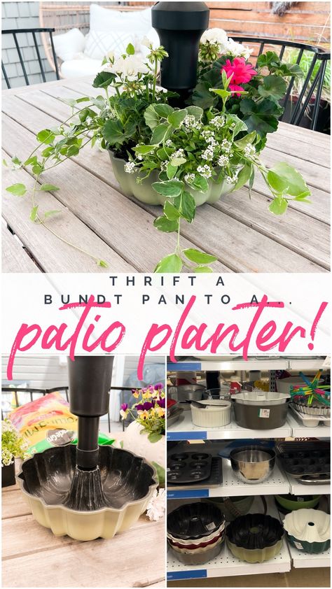 Thrifted Bundt Pan to Patio Planter. Upcycle a thrifted bundt pan into a pretty planter for your patio. Thrifted Bundy Pan to Patio Planter Thrifting for Inspiration Do you like to thrift? I am obsessed with history (also why I live in an 1891 home). I love finding special heirlooms and wonder what they have...Read the Post Planter Upcycle, Outdoor Umbrella Table, Tabletop Fire Bowl, Spring Diy Projects, Patio Table Decor, Water Fountain Design, Tin Planters, Diy Recycled Projects, Umbrella Decorations