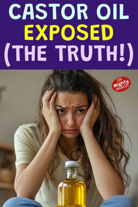 Woman with frustrated expression holding her head, bottle of castor oil in foreground. Text overlay reads "Castor Oil Exposed (The Truth!)" in pastel blue and yellow on purple background. Oh Mighty Health logo in top right corner. Best Castor Oil Brand, Castor Oil Uses For Hair, Castor Oil On Eyebrows, Castor Oil Benefits Skin, Castor Oil Eyebrows, Castor Oil Uses, Castor Oil Eyelashes, Castor Oil For Hair Growth, Castor Oil Benefits