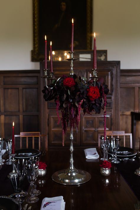 Gothic Head Table Wedding, Crystal Ball Wedding Decor, Evil Queen Wedding Theme, Gothic Wedding Decorations Centerpieces, Gothic Candelabra Centerpiece, Gothic Theme Party Decoration, Goth Candelabra Centerpiece, Red Black And Silver Wedding Decorations, Victorian Gothic Table Setting