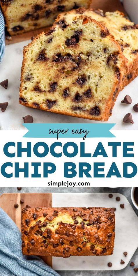 Make this Chocolate Chip Bread this weekend! It is so easy to make with no kneading and no rising. This is the perfect quick bread. Monkey Bread Chocolate Chip, Easy Chocolate Chip Bread, Brown Bread Recipes Easy, Chocolate Chip Bread Loaf, Healthy Sweet Bread, Chocolate Chip Quick Bread, Fall Breads, Holiday Breads, Chocolate Bread Recipe