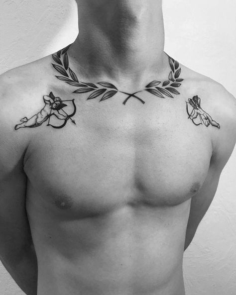 Roman Leaves Tattoo Men, Greek Filler Tattoo Ideas Gap, Greek Leaves Tattoo Neck, Roman Leaves Tattoo, Olive Wreath Tattoo, Olive Branch Tattoo Mens, Collarbone Tattoo Men, Laurel Tattoo, Acab Tattoo