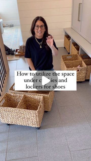 OrganizeDetroit on Instagram: "Have you ever thought of this? The wheels make taking the shoes out so easy and since we are putting two baskets together, we get to maximize on all of the space!" Mudroom Shoe Baskets, Basket Shoe Storage, Uniform Storage Ideas, Mudroom Storage Baskets, Shoe Basket Ideas, Mud Room Shoes Storage Ideas, Mudroom Baskets, Shoe Baskets, Shoe Storage Basket