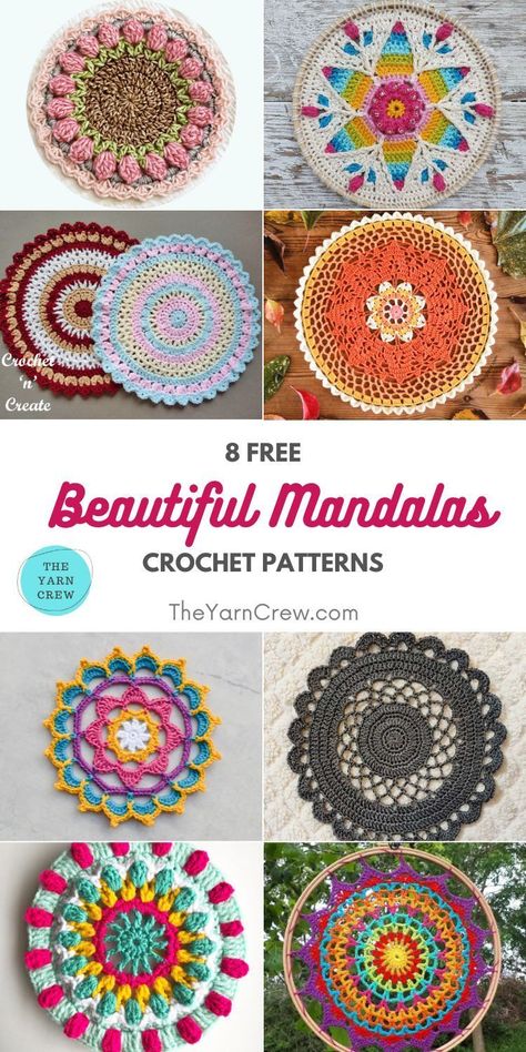 Transform your yarn into a colorful crochet mandala with these patterns. Crochet patterns by The Yarn Crew. Mandala Crochet Patterns, Free Mandala Crochet Patterns, Patterns Coloring Pages, Crochet Lampshade, Cotton Crochet Patterns, Placemat Patterns, Loom Knitting Tutorial, Crochet Placemat, Scrap Yarn Crochet