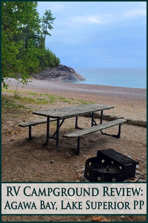 A campground with picnic table and fire pit in the foreground, and lake superior in the background. Overlaid text says RV campground review Agawa Bay, Lake superior provincial park. Rv Campgrounds, A Truck, Lake Superior, Ontario, Rv, Road Trip, Camping, Lake, Road