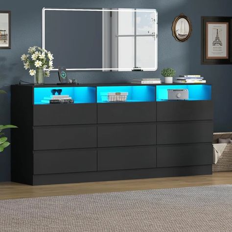 Wrought Studio 9 Drawer 63" Triple Dresser & Reviews | Wayfair Large Dressers, Dresser Tv, Tv Stand With Led Lights, Dresser Tv Stand, Dresser With Tv, Modern Chests, Large Dresser, Modern Chest Of Drawers, Long Dresser