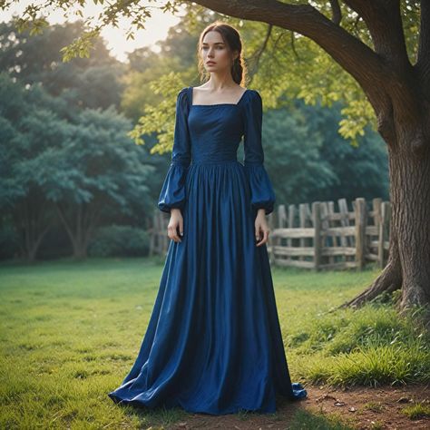 This navy blue Renaissance gown boasts a square royal neckline and long bell sleeves, featuring an extremely fetching grace. It is well-suited to medieval festivals, Viking reenactments, or Steampunk fantasy events. With its flowing silhouette and structured design, it makes for an impressively beautiful yet powerful presence, fitting for both the historical and fantastic. From Renaissance fairs to queen of the Vikings, this beautiful gown fits for timeless style and comfort. This costume gown i Blue Medieval Dress Princesses, Womens Fantasy Clothes, Medival Dresses Aesthetic, Game Of Thrones Outfit Inspiration, Medieval Gowns Royals, Fantasy Gowns Queens, Modern Medieval Fashion, Medieval Dress Royal, Queen Dress Royal Medieval