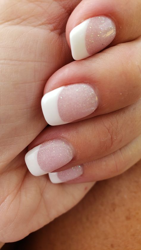 Pink glitter french dip! French Dip Nails With Glitter, Dip Powder Nails French Tip Glitter, Sparkly French Dip Nails, Dipped Nails French Tip, French Dip Powder Nails Short, Bridesmaid Nails French Tips, French Dip Nails With Design, French Powder Dipped Nails, French Tip Powder Dip Nails