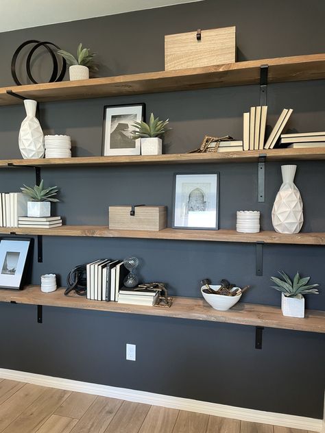 Long Shelving Ideas, Living Room Display Ideas, Long Wooden Shelf Living Room, Long Shelves On Wall Living Room, Boho Living Room Shelves, Office Wall Shelf Ideas, Wooden Shelf Living Room, Long Wooden Shelf, Floating Shelves Office