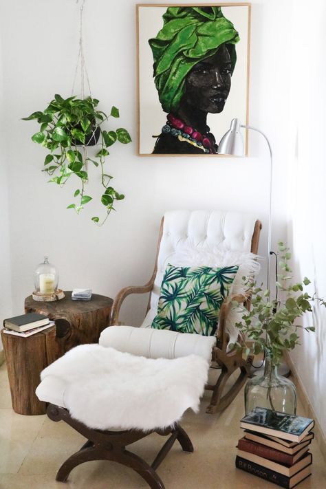 Converted this unused flat space to a green reading corner with upcycked material and furniture, thrift store upholstered rocking chair and reclaimed wood stub side table, nook, reading, cosy corner, paintings @ http://etsy.me/2ru6hdD Cozy Rocking Chair Corner, Corner Rocking Chair Decor, Reading Corner Green Chair, Side Table Reading Nook, Rocking Chair Reading Nook, Rocking Chair Reading Corner, Reading Nook 2 Chairs, Small Reading Corner Ideas For Adults, Reading Corner Small Space