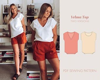 mommabron on Etsy Knit Top Sewing Pattern, Shorts Pattern Sewing, Top Pattern Sewing, Sewing Pattern Women, Crop Top Sewing Pattern, Shirt Patterns For Women, Summer Top Pattern, Pattern T Shirt, T Shirt Sewing Pattern