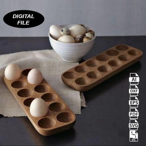 Minimalist Egg Holder *PLEASE NOTE: This is an instant download file and NO physical product will be shipped to you. Dimensions Wood thickness: 2.1cm / 0.8 inches Height 30.5cm / 12 inches Width / 10.5cm / 4.1 inches The ZIP folders (one in imperial and one in SI units) you will receive each includes: - STL files -AI -SVG -DXF -PDF -EPS Wood Kitchen Accessories, Wooden Kitchen Accessories, Wooden Trays, Wood Eggs, Egg Crates, Generate Income, Wooden Eggs, Egg Holder, Woodworking Skills