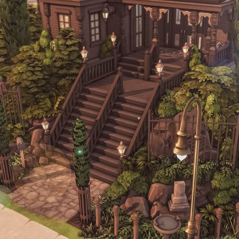 🖤 Base Game Dark Manor 🖤 I'm so happy that there are now some new color variations for many items in the base game. Building is twice as much fun! I'm hoping for a few more plants in the BaseGame at some point haha, but I don't think that'll happen. 🖤🌲🌇🖤🌲🌇🖤🌲🌇 This Victorian house on an overgrown hill has three bedrooms and is fully furnished. The furnishings are decorated in dark and heavy tones. 🖤🌲🌇🖤🌲🌇🖤🌲🌇 #thesims4builds #thesims4homes #showusyourbuilds #sccregram #somesimlishbuild #sim... Sims 4 Garden Ideas Base Game, Sims 4 Garden Ideas, Sims Rooms, Victorian Manor, Bloxburg Houses, Sims Houses, Sims Builds, Sims 4 House Design, Los Sims