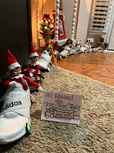 Elf On The Shelf Shoe Train, Elf Activities, Elf Antics, Shelf Ideas, On The Shelf, Elf On The Shelf, Elf, Shelves, Train