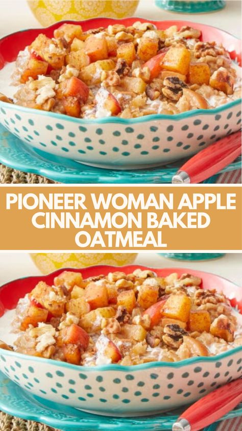 Pioneer Woman Apple Cinnamon Baked Oatmeal is made with Honeycrisp apples, brown sugar, cinnamon, old-fashioned oats, butter, and a touch of cream.

This easy Apple Cinnamon Baked Oatmeal recipe creates a warm and comforting breakfast that takes about 15 minutes to prepare and serves 2 people. Homemade Oatmeal Recipes, Baked Apples With Oatmeal, Pioneer Woman Breakfast, Baked Oatmeal Recipes Breakfast, Pioneer Kitchen, Apple Cinnamon Baked Oatmeal, Comforting Breakfast, Cinnamon Baked Oatmeal, Apple Brown Sugar