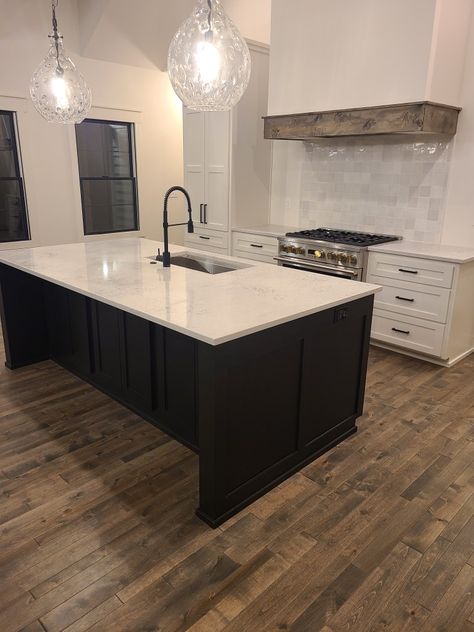 Square White Backsplash, Tricorn Black Island, Farmhouse Glam Kitchen, Toque White, Modern Hood, Magnolia Kitchen, Tricorn Black, Black Backsplash, Black Island