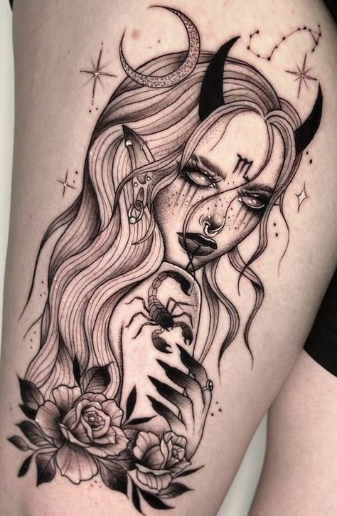 Dark Famine, Virgo Tattoo Designs, Virgo Tattoo, Mom Tattoo Designs, Wicked Tattoos, Tattoo Sleeves, Leg Tattoos Women, Stylist Tattoos, Thigh Tattoos Women