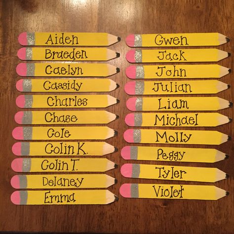 Popsicle Sticks Names Classroom, Pencil Popsicle Sticks, Classroom Names Ideas Teachers, Pencil Name Sticks, Classroom Popsicle Sticks, Name Popsicle Sticks Classroom, Student Name Sticks, Classroom Name Sticks, Popsicle Stick Names Classroom