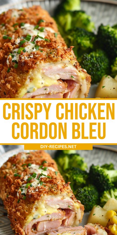 Enjoy Crispy Chicken Cordon Bleu with this delicious recipe. Perfect for a special meal or dinner party. #CrispyChicken #SpecialDinner Cordon Bleu Chicken Recipe Easy, Sunday Family Dinner Recipes, Crispy Chicken Cordon Bleu, Crispy Chicken Recipes Dinners, Chicken Recipe For Dinner Party, Sunday Supper Ideas Families, Chicken Cordon Blue Recipes, Blue Collar Dinner Ideas, Birthday Dinner Ideas Family