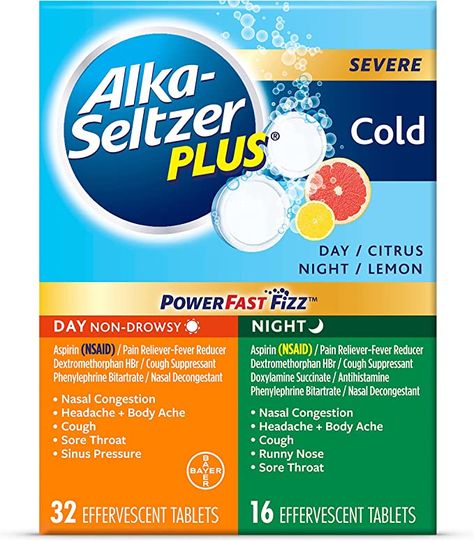 Amazon.com: ALKA-SELTZER PLUS Severe, Cold Day Night Medicine for Adults, PowerFast Fizz Effervescent Tablets, Fast Relief of Nasal Congestion, Sinus Pressure, Runny Nose, Cough, Sore Throat & Fever, 48ct : Everything Else Nose Sores, Nasal Decongestant, Alka Seltzer, Sore Throat And Cough, Cough Suppressant, Sinus Pressure, Cold Medicine, Chest Congestion, Cold Symptoms