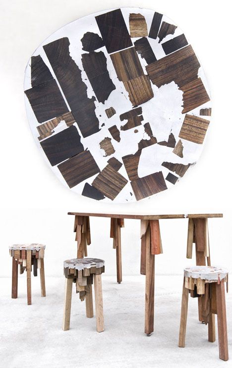 Scrappy Stools & Tables from Junk Tin & Raw Wood Offcuts Furniture Made From Recycled Materials, Wood Offcuts Ideas, Scrap Wood Furniture, Scrap Furniture, Reuse Furniture, Recycled Chair, Raw Furniture, Reused Furniture, Melted Metal