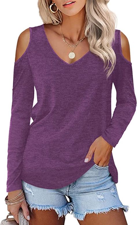 Amoretu Womens Cold Shoulder Tunic Tops V Neck Long Sleeve T-Shirts (Purple,M) at Amazon Women’s Clothing store Tshirt Plain, Cold Shoulder Shirt, Womens Trendy Tops, Tunic Tops Casual, Women Tshirt, Uk Clothing, Tops Casual, Women Tunic Tops, Shoulder Shirts