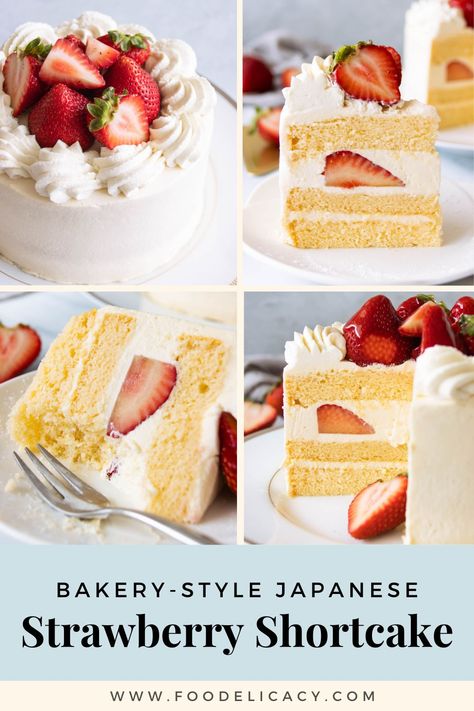 This bakery-style strawberry shortcake, inspired by Japanese-styled cakes, is made with moist and fluffy vanilla sponge cake layers filled with Chantilly cream and fresh strawberries. Strawberry shortcake or strawberry cake is a simple, beautiful dessert you can make for Christmas, the holidays, or when you're just craving something light and sweet. You can pull off making a strawberry cream cake in under 3 hours, but I include make ahead options as well. | www.foodelicacy.com Japanese Strawberry Cake Recipe, Japanese Cream Cake, 6 Inch Strawberry Cake Recipe, Japanese Strawberry Shortcake Recipe, Easy Layered Cake, Japanese Strawberry Cake, Japanese Sponge Cake, Japanese Strawberry Shortcake, Japanese Cakes