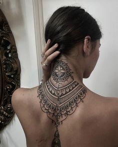 Ornamental mandala neck tattoo by Sam Carter, artist and owner at El Vardo Tattoo in Hawkes Bay, New Zealand. Ornamental Nape Tattoo, Back Neck Tattoo Mandala, Neck Nape Tattoos Women, Ornamental Back Of Neck Tattoo, Neck To Back Tattoos Women, Feminine Back Of Neck Tattoos, Back Of Neck Tattoo Cover Up, Mandala Tattoo Back Of Neck, Ornamental Tattoo Neck