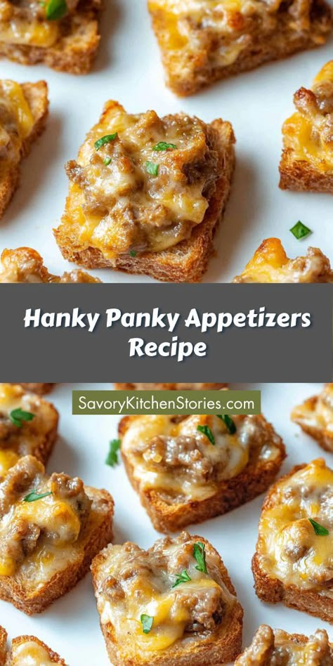 Searching for a tasty and easy appetizer that wows? Hanky Panky appetizers offer a mouthwatering mix of ingredients that will delight your taste buds. Make sure to save this recipe so you can impress at your next gathering! Appetizers With Ground Beef, Horderves Appetizers, Savoury Finger Food, Cheesy Appetizer, Holiday Appetizers Easy, Everyone Leaves, Savory Recipe, Make Ahead Appetizers, Crowd Pleasing Appetizers