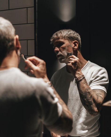 Man Shaving Aesthetic, Beard Photography, Beard Shaving, Portrait Photography Men, Men Photoshoot, Mens Editorial, Smiling Man, Face Photography, Mens Shaving