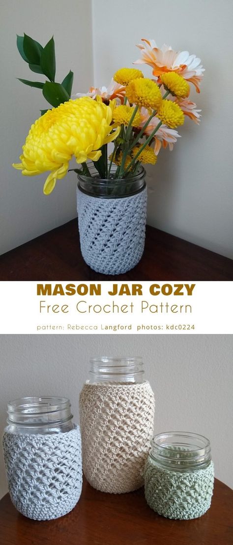 Mason Jar Cozy Crocheted Mason Jar Covers Pattern, Crochet Covers For Mason Jars, Crochet Candle Jar Covers, Jar Cozy Crochet Pattern, Mason Jar Cozy Crochet Pattern, Crochet Mason Jar Cozy Pattern Free, Mason Jar Cozies Crochet, Crochet Jar Cozy Free Pattern, Jar Cover Crochet