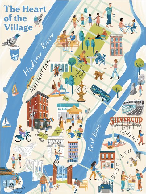 Map Graphic Design Illustration, Food Map Illustration, Map Illustration Design Graphics, Illustrated Maps, Illustrated Maps Hand Drawn, Nyc Map Illustration, Illustrated City Map, City Maps Illustration, New York Illustration