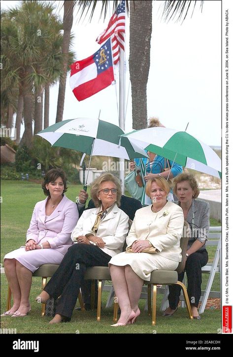 Download this stock image: (l to r) Mrs. Cherie Blair, Mrs. Bernadette Chirac, Lyudmila Putin, listen as Mrs. Laura Bush speaks during the G8 leaders wives press conference on June 9, 2004, on Sea Island. Photo by ABACA. - 2EA8CDH from Alamy's library of millions of high resolution stock photos, illustrations and vectors. Johnny Crawford, Laura Bush, Sea Island, Image Processing, Press Conference, Us Images, The Lady, In The Rain, The Rain