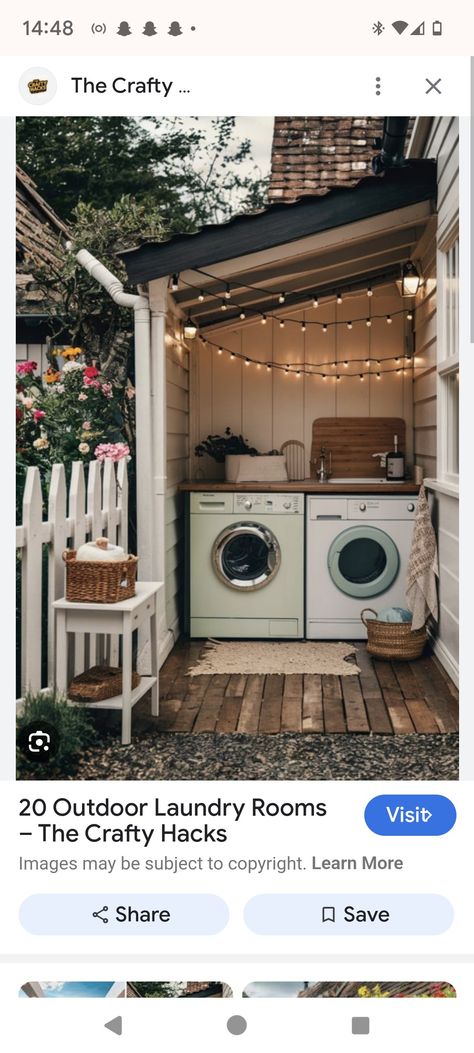 Washer And Dryer Outside Ideas, Shed Laundry Room Ideas, Laundry Room Addition Exterior, Washer And Dryer Outside Shed, Outside Washer And Dryer Ideas, Outdoor Laundry Area Patio, Laundry Room Outside, Laundry Shed, Outside Laundry