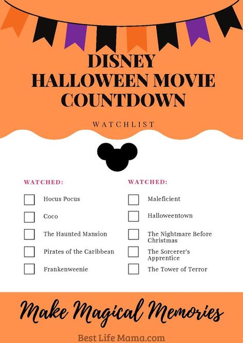 Disney Halloween Movie List -Top Picks for the Super Fan. Download our free printable Movie Checklist and don't miss the fun this Halloween. #disney #disneyhalloween #disneyfilm #waltdisneyworld #bestlifemama Halloween Checklist, New Halloween Movie, Disney Halloween Movies, Movie Checklist, Creepy Disney, Halloween Movies List, Disney Movies List, Fiesta Halloween, Halloween Hocus Pocus