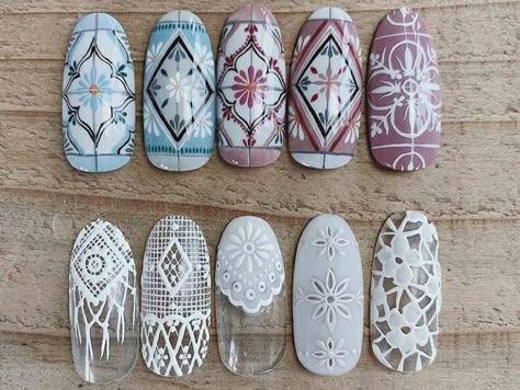 Embroidery Nail Art, Peranakan Nails, Tile Nail Art, Embroidery Nails, Peranakan Pattern, Tile Nails, Mexican Nails, Blue And Silver Nails, 3d Nail Designs